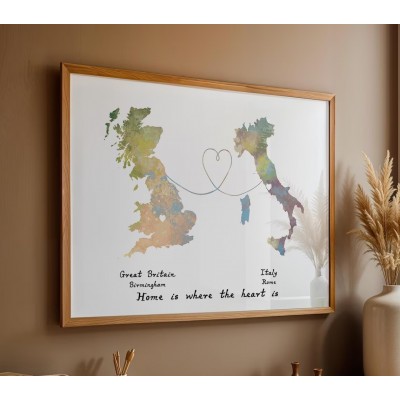 Personalized Two Countries Location Map Wooden Sign Gift For Valentine's Day Wedding Anniversary Birthday