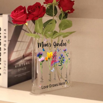 Personalized Mom's Garden Birth Month Flower Acrylic Book Vase With Kids Name For Mom Grandma Mothers Day Gift