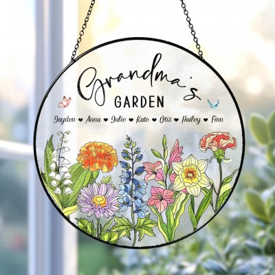 Custom Grandma's Garden Birth Flower Stain Glass Suncatcher With Grandchildren Names For Mom Grandma Gift