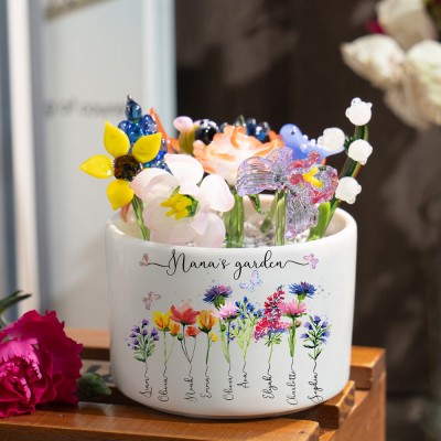 Custom Glass Birth Month Flower with Custom Birth Flower and Names Pot For Mother's Day Gift