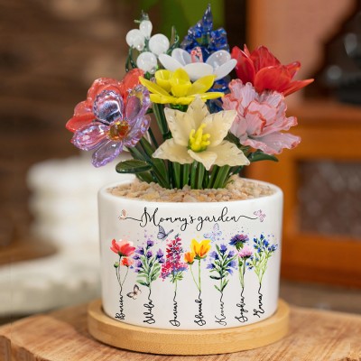 Custom Glass Birth Month Flower with Custom Birth Flower and Names Pot For Mother's Day Gift