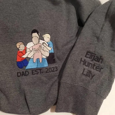 Custom Embroidered Dad Sweatshirt With Photo and Kids Name On Sleeve For Father's Day Gift