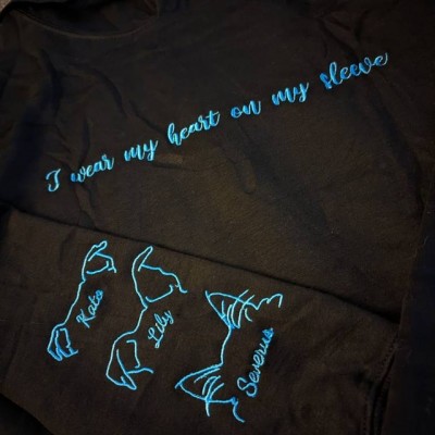 Custom Embroidered I Wear My Heart On My Sleeve Sweatshirt Hoodie With Dog Ears On Sleeve
