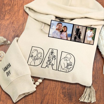 Custom Embroidered Dad Photo Outline Hoodie Sweatshirt With Kids Name On Sleeve For Father's Day Gift