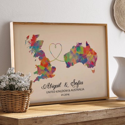Personalized Two Countries Location Map Wooden Sign Gift For Valentine's Day Wedding Anniversary