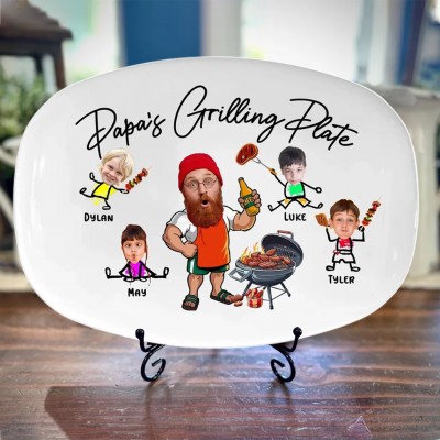 Custom Papa's Grilling BBQ Plate with Grandchildren Names and Photo for Papa Father's Day Gift