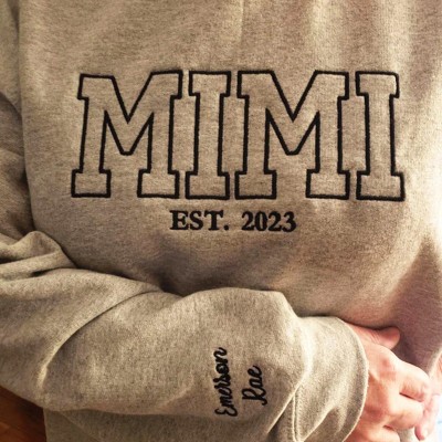 Custom Embroidered Mimi Sweatshirt with Kids Names on Sleeve For Mom Grandma Christmas Gift
