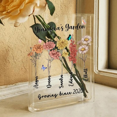 Personalized Grandma's Garden Birth Month Flower Book Vase With Grandkids Name For Mom Grandma Christmas Gift