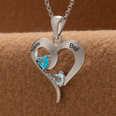 Custom Couple Names Heart Necklace With Birthstones Valentine's Day Gifts