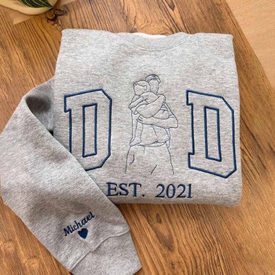 Custom Embroidered Dad Photo Outline Sweatshirt With Kids Name On Sleeve For Father's Day Gift
