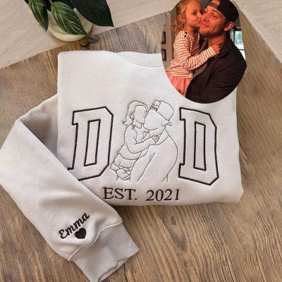 Custom Embroidered Dad Photo Outline Sweatshirt With Kids Name On Sleeve For Father's Day Gift