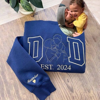 Custom Embroidered Dad Photo Outline Sweatshirt With Kids Name On Sleeve For Father's Day Gift