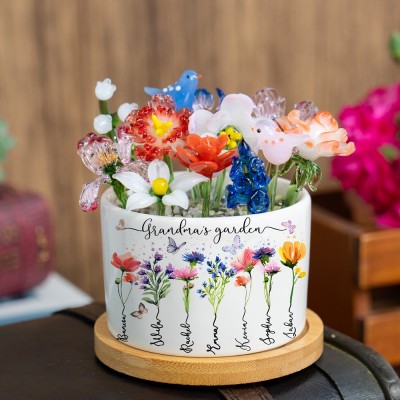 Custom Glass Birth Month Flower with Custom Birth Flower and Names Pot For Mother's Day Gift