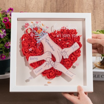 Custom Holding Hands Flower Shadow Box with Grandchildren Name For Mom or Grandma Mother's Day Gift