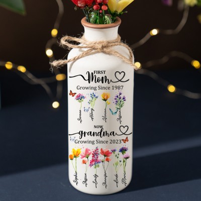 First Mom Now Grandma Custom Birth Month Flower Vase With Kids Name For Mother's Day Gift