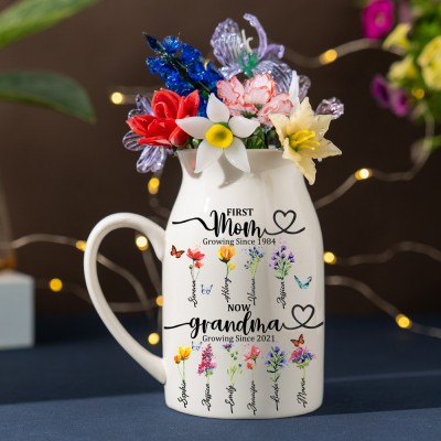 First Mom Now Grandma Custom Birth Month Flower Vase With Kids Name For Mother's Day Gift