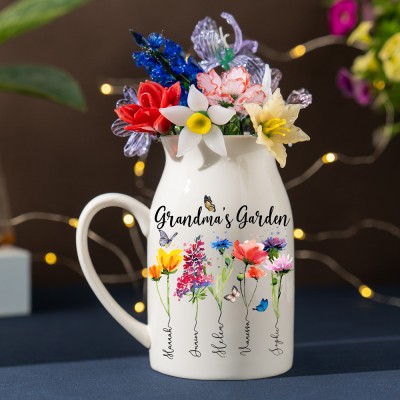 Personalized Grandma's Garden Birth Month Flower Vase With Grandkids Name For Mom Grandma Christmas Gift
