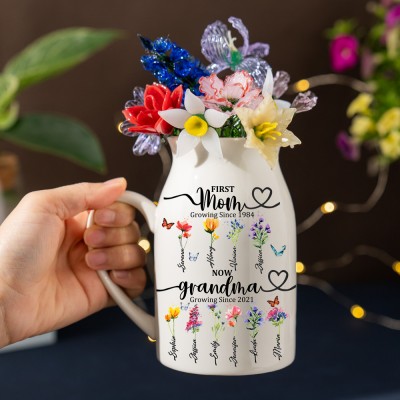 First Mom Now Grandma Custom Birth Month Flower Vase With Kids Name For Mother's Day Gift