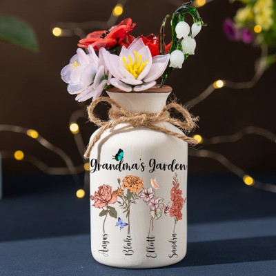 Personalized Grandma's Garden Birth Month Flower Vase with Grandkids Names For Mom Grandma Family Gift