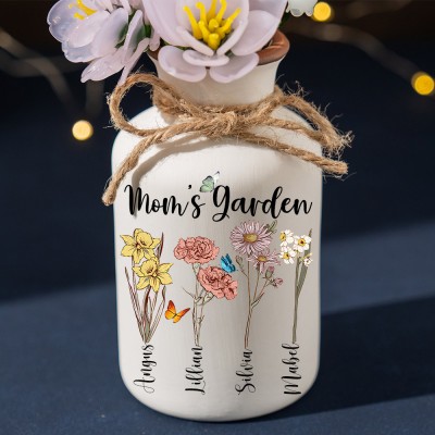 Personalized Mom's Garden Birth Month Flower Vase with Kids Names For Mom Grandma Family Gift
