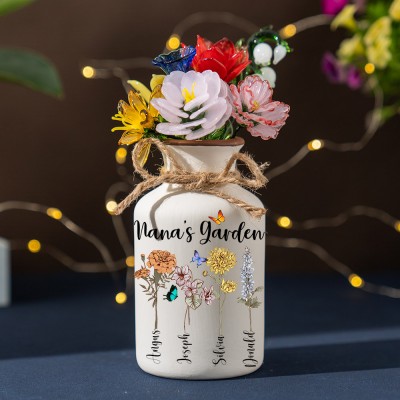 Personalized Nana's Garden Birth Month Flower Vase with Kids Names For Mom Grandma Family Gift
