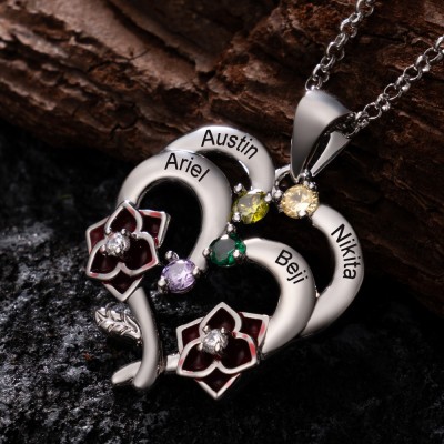 Personalized Flower Heart Name Necklace with Birthstone For Mother's Day Gift
