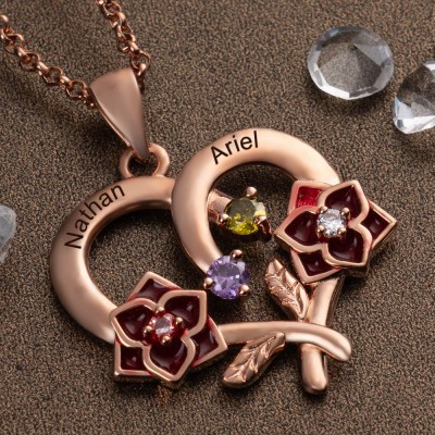 Personalized Flower Heart Name Necklace with Birthstone For Mother's Day Gift