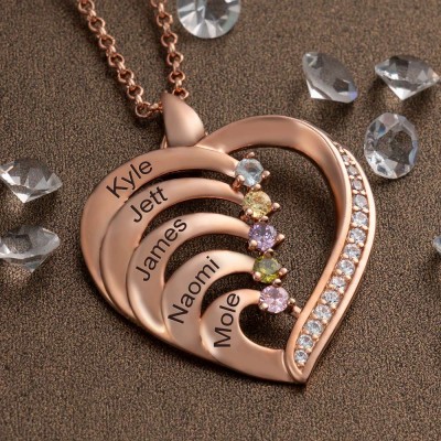 Personalized Heart Necklace with Names and Birthstones For Mom Mother's Day