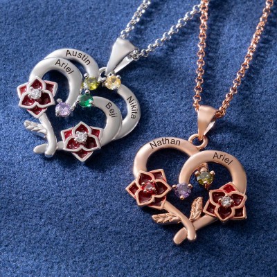 Personalized Flower Heart Name Necklace with Birthstone For Mother's Day Gift