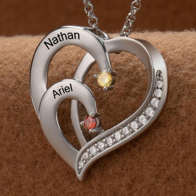 Custom Couple Names Heart Necklace With Birthstones Valentine's Day Gifts