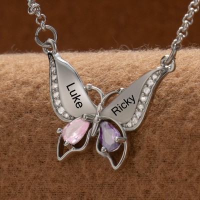 Custom Butterfly Names Heart Necklace With Birthstones Valentine's Day Gifts