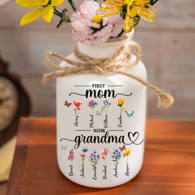 First Mom Now Grandma Custom Birth Month Flower Vase With Kids Name For Mother's Day Gift
