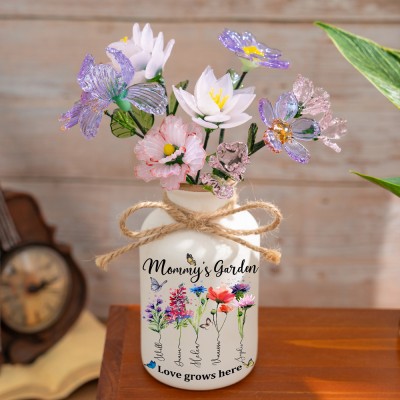 Mommy's Garden Custom Birth Month Flower Vase With Kids Name For Mom Grandma Mother's Day Gift