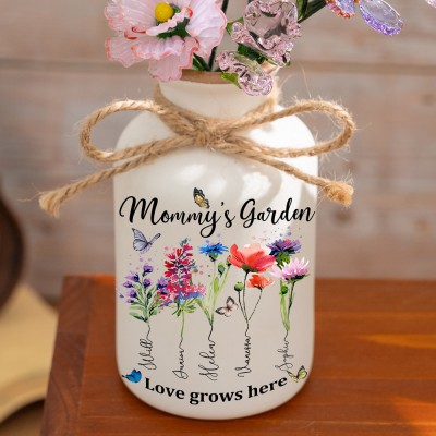 Mommy's Garden Custom Birth Month Flower Vase With Kids Name For Mom Grandma Mother's Day Gift