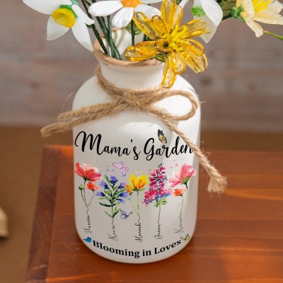 Mama's Garden Custom Birth Month Flower Vase With Kids Name For Mom Grandma Mother's Day Gift