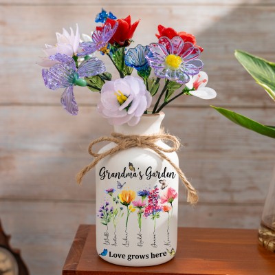 Grandma's Garden Custom Birth Month Flower Vase With Grandchildren Name For Mother's Day Gift