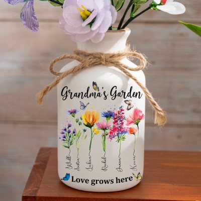 Grandma's Garden Custom Birth Month Flower Vase With Grandchildren Name For Mother's Day Gift