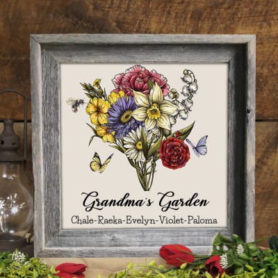 Custom Birth Flower Bouquet Frame with Kids Names For Mom Grandma Christmas Gift
