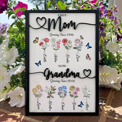 Personalized First Mom Now Grandma Birth Month Flower Wooden Sign With Kids Name Mother's Day Birthday Gift