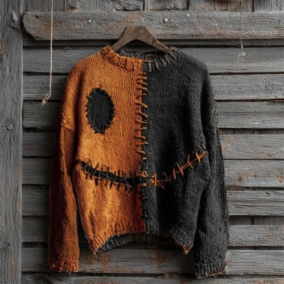 Halloween Contrast Stitched Cozy Knit Spooky Face Sweater Spooky Season Fall Gift