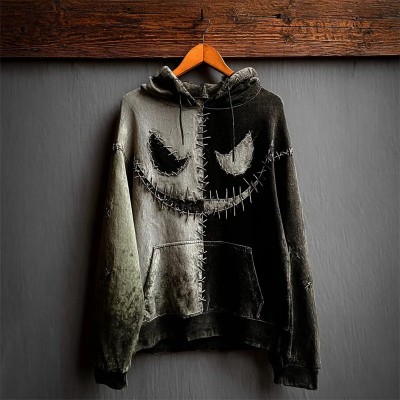 Men's Halloween Spooky Face Contrast Colorblock Patchwork Hoodie Spooky Season Gift