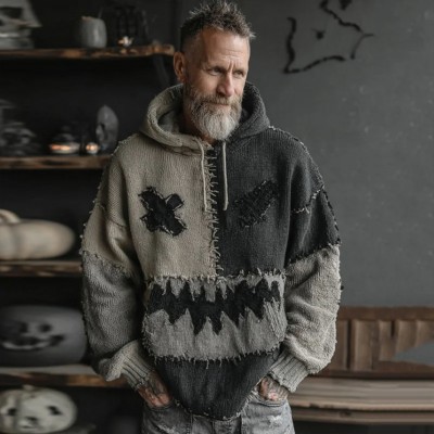 Men's Halloween Colorblock Stitched Hooded Cozy Knit Spooky Face Sweater Spooky Season Gift