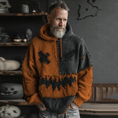 Men's Halloween Colorblock Stitched Hooded Cozy Knit Spooky Face Sweater Spooky Season Gift