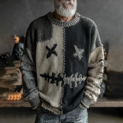 Halloween Colorblock Stitched Cozy Knit Spooky Face Sweater Spooky Season Fall Gift