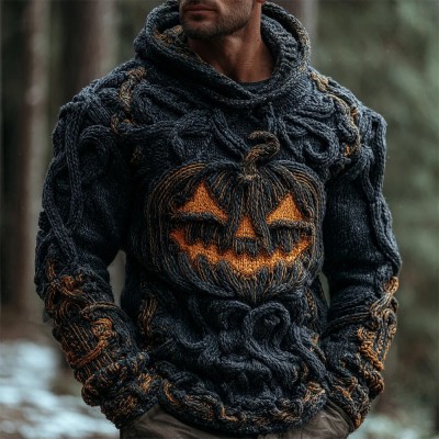 Men's Halloween Pumpkin Chunky Knit Hooded Sweater Spooky Season Fall Gift