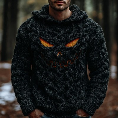 Men's Halloween Evil Pumpkin Emoji Chunky Knit Hooded Sweater Spooky Season Fall Gift