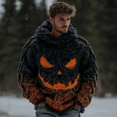 Men's Halloween Spooky Face Knitted Cozy Hooded Sweater Spooky Season Fall Gift