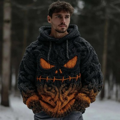 Men's Halloween Spooky Face Knitted Cozy Hooded Sweater Spooky Season Fall Gift