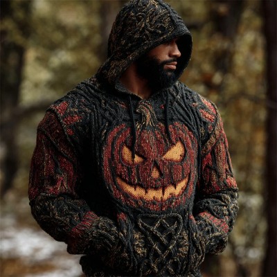 Men's Halloween Pumpkin Chunky Knit Hooded Sweater Spooky Season Fall Gift