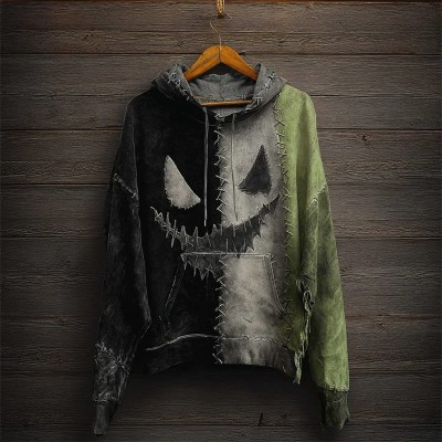 Halloween Contrast Colorblock Patchwork Spooky Face Hoodie Spooky Season Gift